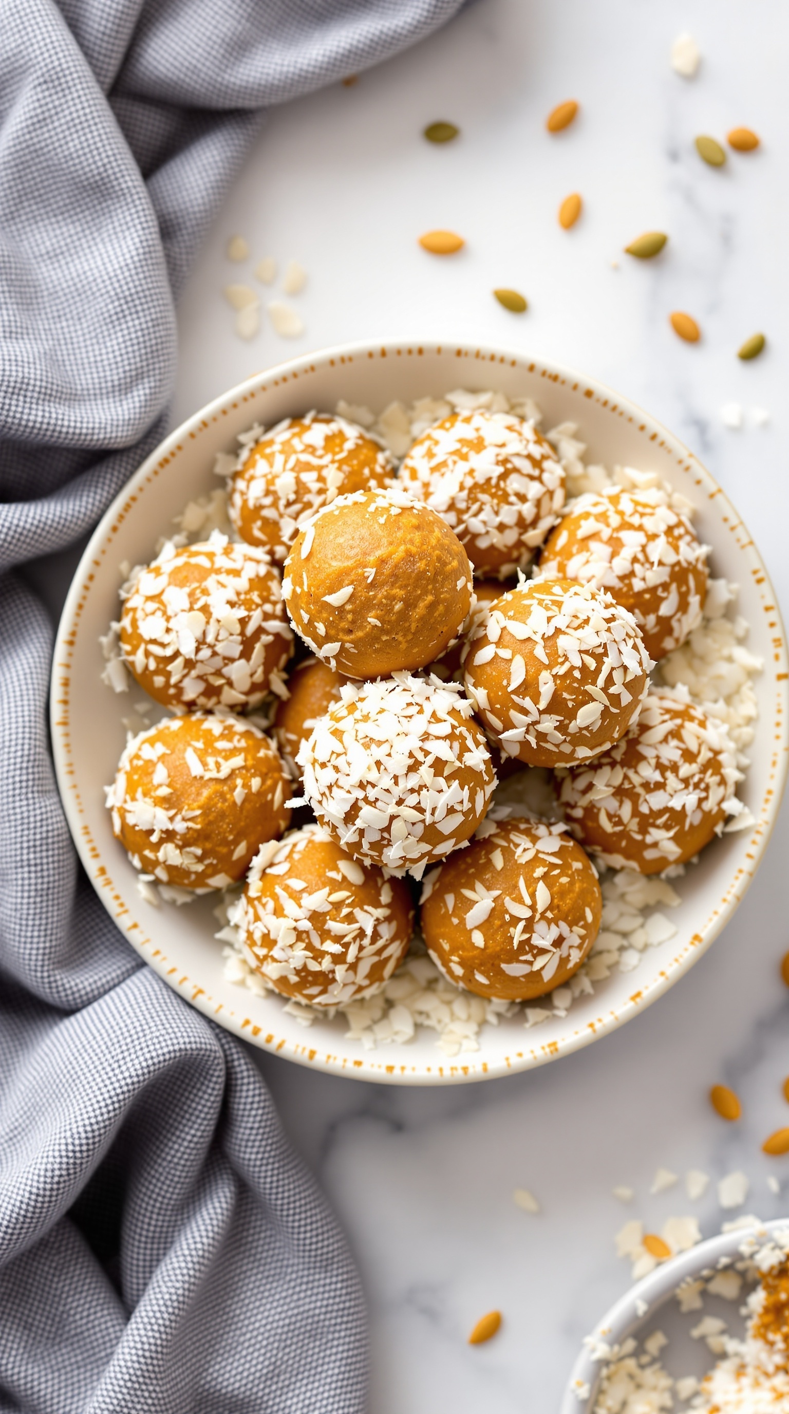 A plate of pumpkin spice energy balls coated in shredded coconut.