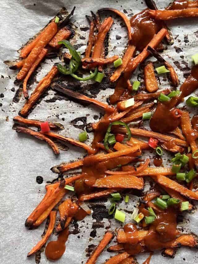 Close-up of gochujang butternut squash baked fries.