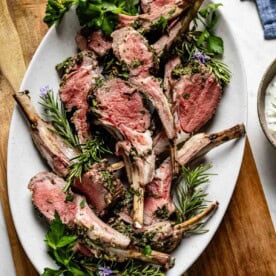 Herb-crusted roast rack of lamb, an impressive date dinner recipe.